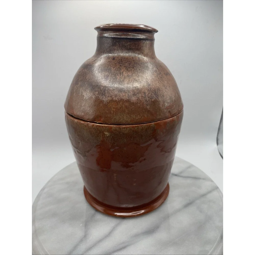 Studio Pottery Artisan Lidded Jar Brown Bronze Metallic Glaze 9.5 In Handcrafted